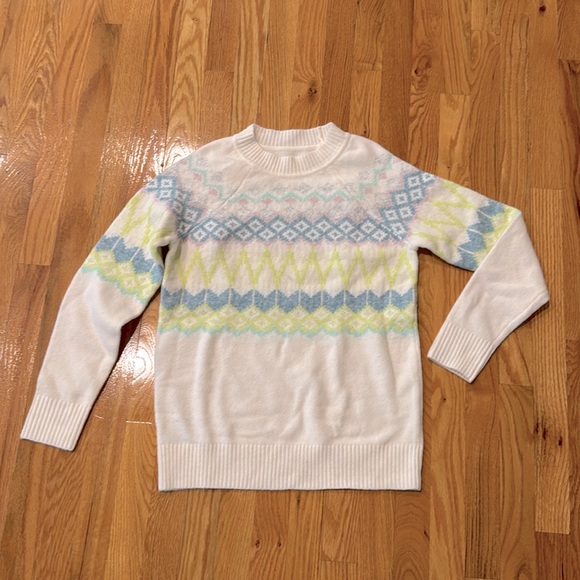Girls Large Pastel Fair Isle Cloud Soft Crew Neck Sweater in Off White - Picture 1 of 4